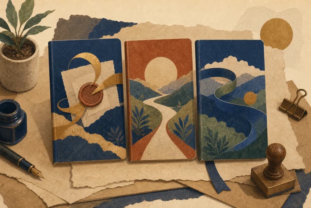 Three illustrated journals representing Pesto's plans, timeline, and advisor