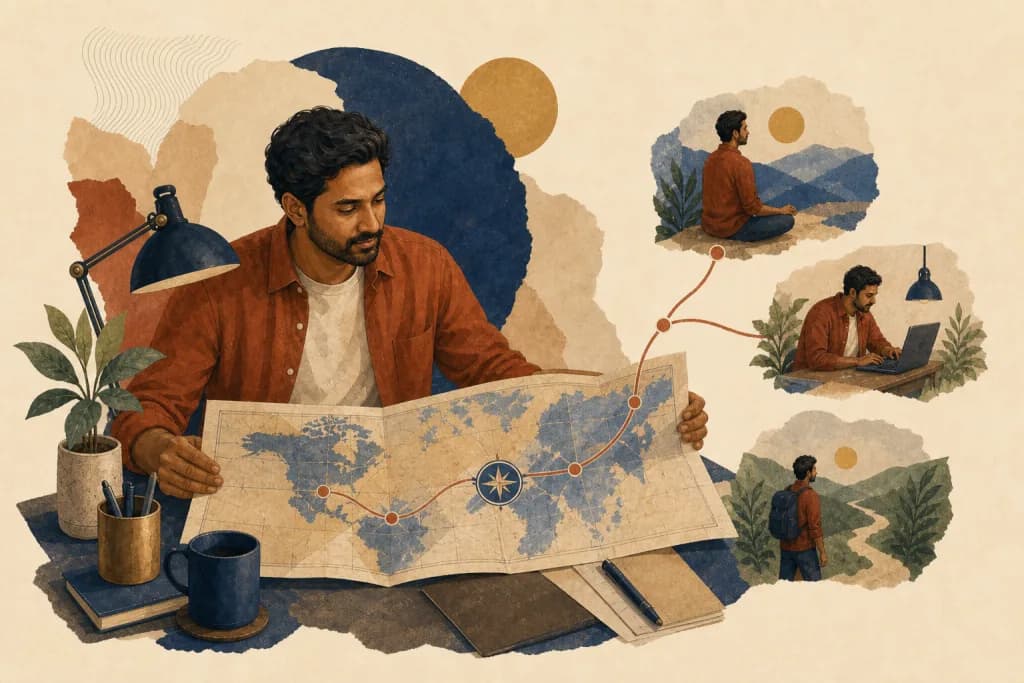 An illustrated traveller mapping a financial life across countries