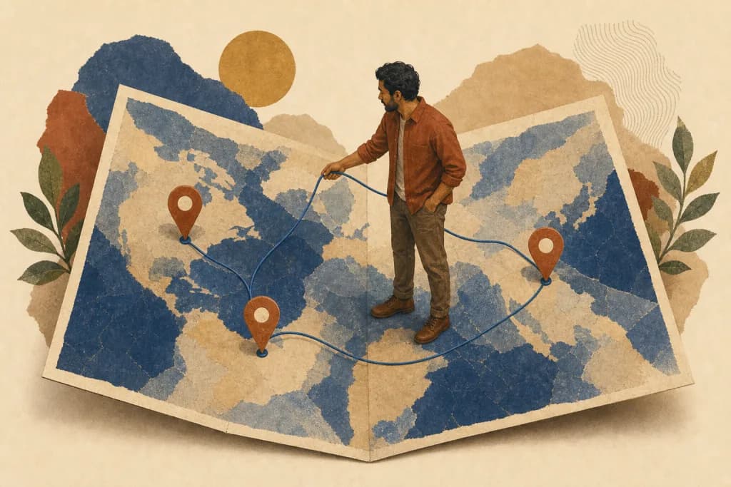 An illustrated atlas connecting a person's past, present, and possible future homes